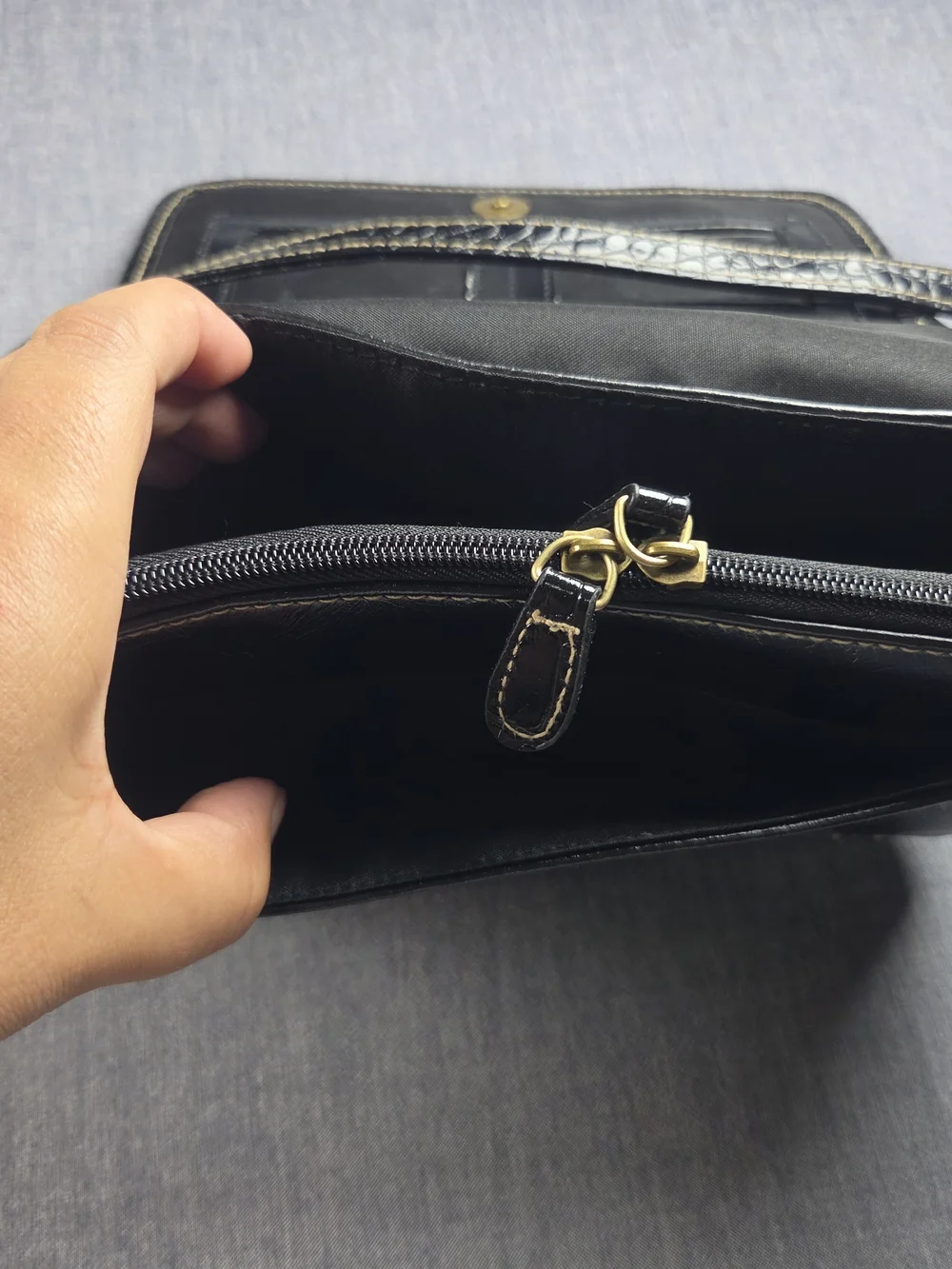 Black Leather Crossbody Shoulder Bag with Gold Accent